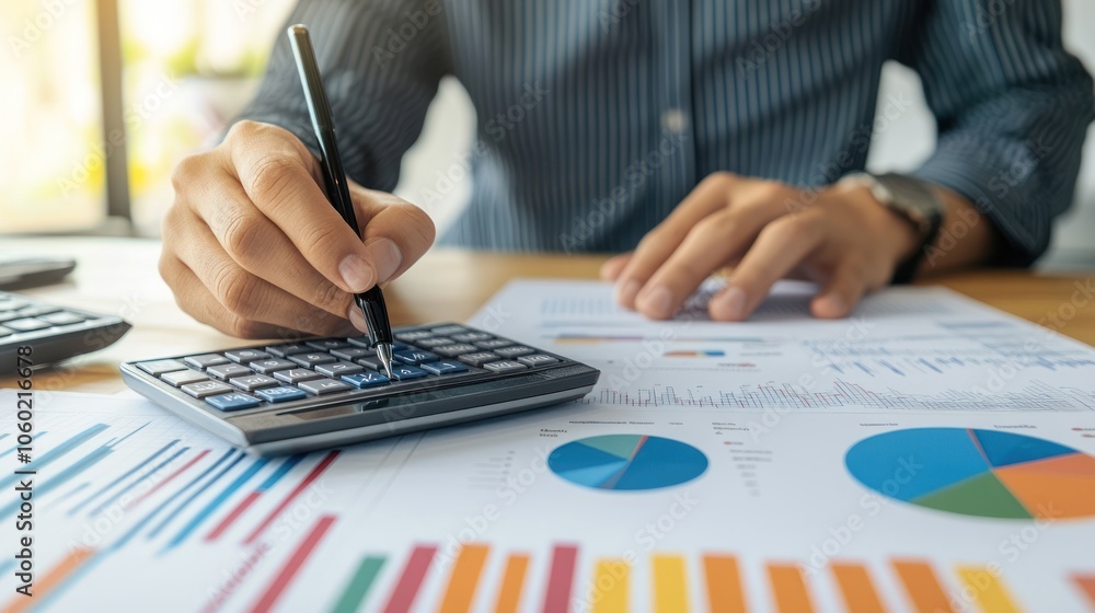 Poster a person calculating finances with a calculator and analyzing charts on a desk.