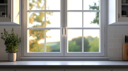 Fototapeta premium A serene kitchen window view showcasing nature outside with a potted plant.