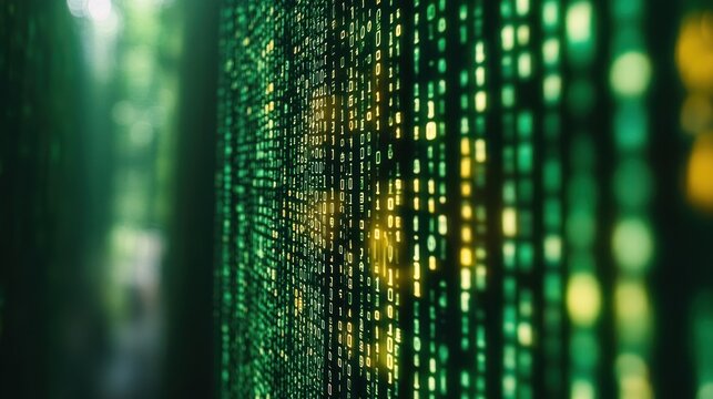 Abstract digital code pattern in green and yellow, with out-of-focus green background.