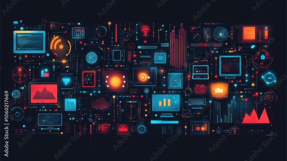 Poster a vibrant digital interface showcasing various graphs, data visualizations, and interactive elements