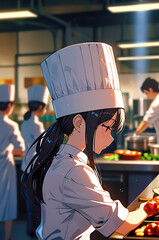 A girl with pleated chef’s hat in crisp white fabric. This toque has a clean and professional look, symbolizing culinary expertise and kitchen tradition.