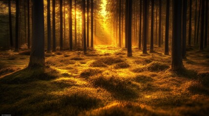 Warm rays of sunlight spill between towering trees, casting a golden glow on a tranquil forest path blanketed in verdant moss, inviting exploration and peace in nature's embrace.
