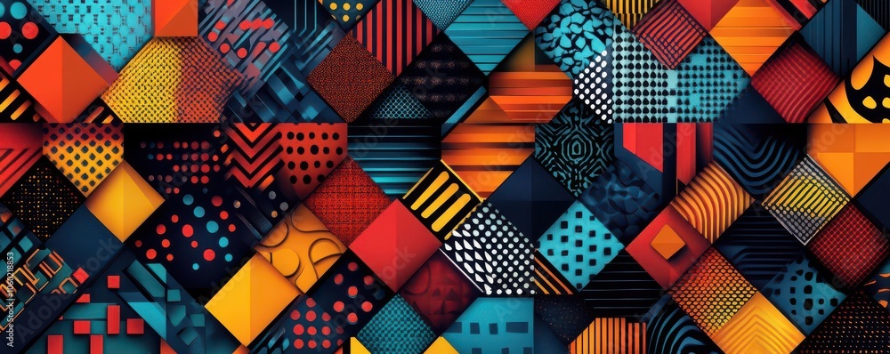 Poster a vibrant patchwork of colorful geometric patterns in striking hues creates a dynamic visual experie