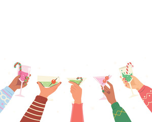 Fototapeta premium Happy Hand holding cocktail party drink. Banner happy people celebrating christmas party, People Toasting With Wine Or Champagne.