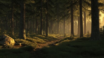 Obraz premium Warm rays of sunlight spill between towering trees, casting a golden glow on a tranquil forest path blanketed in verdant moss, inviting exploration and peace in nature's embrace.