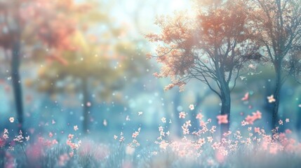 Blurred trees and flowers creating a tranquil background