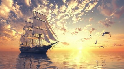 Obraz premium Maritime Voyage: A Sea-Bound Ship Vector Wallpaper