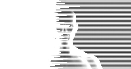 A digital portrait of a person created using horizontal lines of varying thickness to form the contours and features of the face, giving a sense of depth and volume. Vector illustration