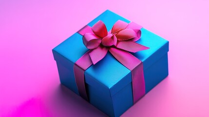 Obraz premium Blue gift box with pink bow on gradient background