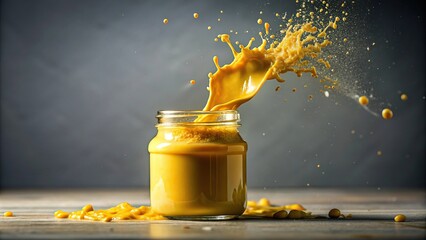 A close-up of yellow mustard leaking from a broken jar into the air, leak, fragrance