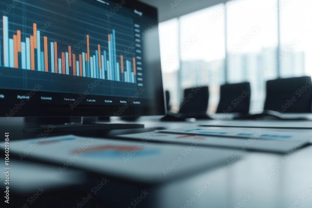 Poster a modern office setting featuring a computer display showing colorful bar graphs and charts, with a 