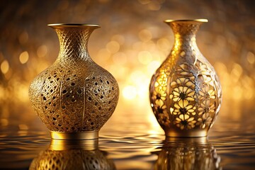 A delicate, filigree-patterned golden vase filled with a slow-moving, shimmering liquid that is trickling down its sides, artistic craftsmanship, ornate, shiny, decorative, liquid