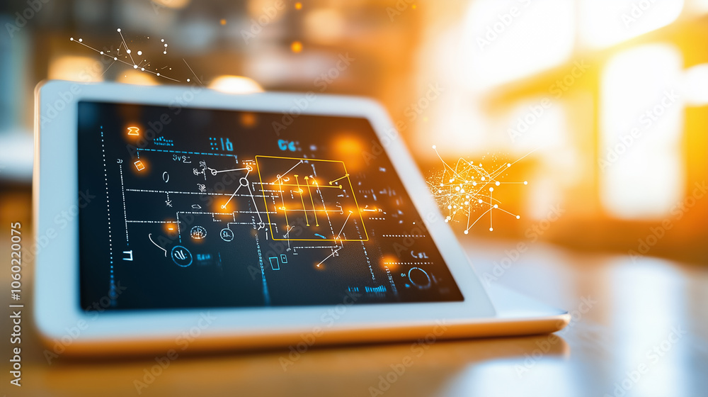 Poster an advanced tablet displays intricate blueprints while sunlight streams into a modern educational sp