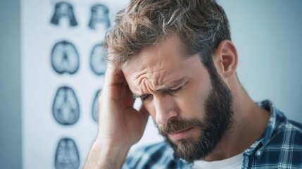 Fototapeta premium Patient looking at ear anatomy chart, focused expression, understanding tinnitus symptoms