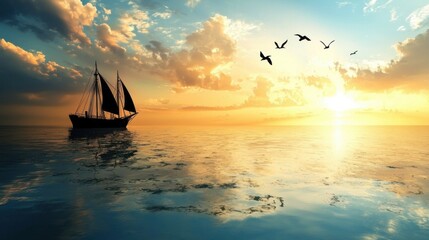 Fototapeta premium Maritime Voyage: A Sea-Bound Ship Vector Wallpaper
