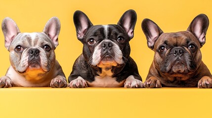 Fototapeta premium Three French Bulldogs with different coats lying on a yellow background, each facing the camera with ears perked up.