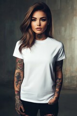 Fototapeta premium Stylish girl showcases casual fashion on a light concrete backdrop.