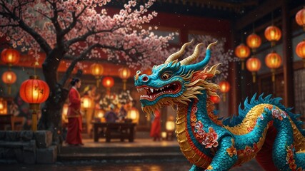 A stunning Lunar New Year dragon dancing amid lanterns and cherry blossoms, celebrating Chinese culture and tradition.