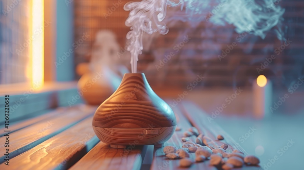Poster modern essential oil diffuser is releasing a soothing fragrance in a tranquil spa setting, creating 