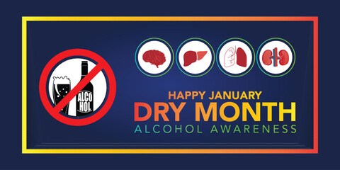 Dry January banner with overturned wine glasses border and text in frame. Alcohol free month challenge graphic concept. Vector illustration on red background.
