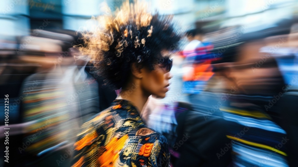 Poster in the background blurred shapes of designers and fashion icons mingle with the crowd creating a gl 