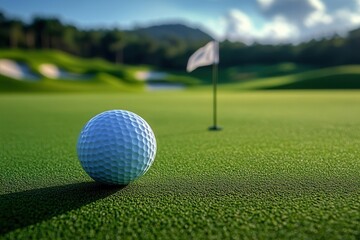 Obraz premium A close-up view of a golf ball on a vibrant green putting green, with a flagstick visible in the background under a clear sky.