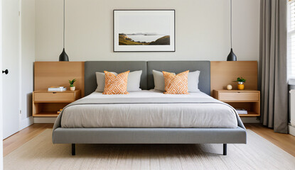 A modern Scandinavian bedroom with a sleek grey bed frame, a minimalist headboard and a few strategically placed decorative pieces