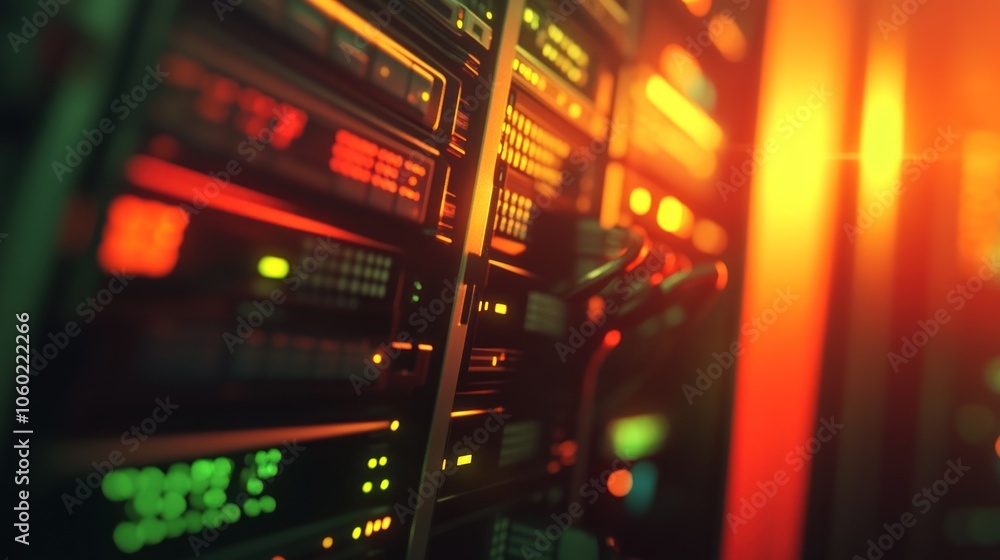 Poster a close-up view of a server rack illuminated with vibrant lights, showcasing technology infrastructu