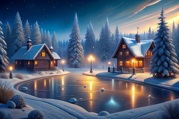 Illustration of a winter fairytale landscape. Cozy houses, fir trees in the snow and a frozen lake