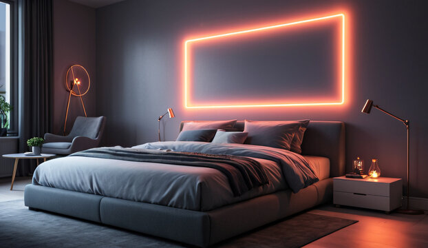 A modern Scandinavian bedroom with a sleek gray frame, a minimalist non-board and a fev strategically placed decorative pieces