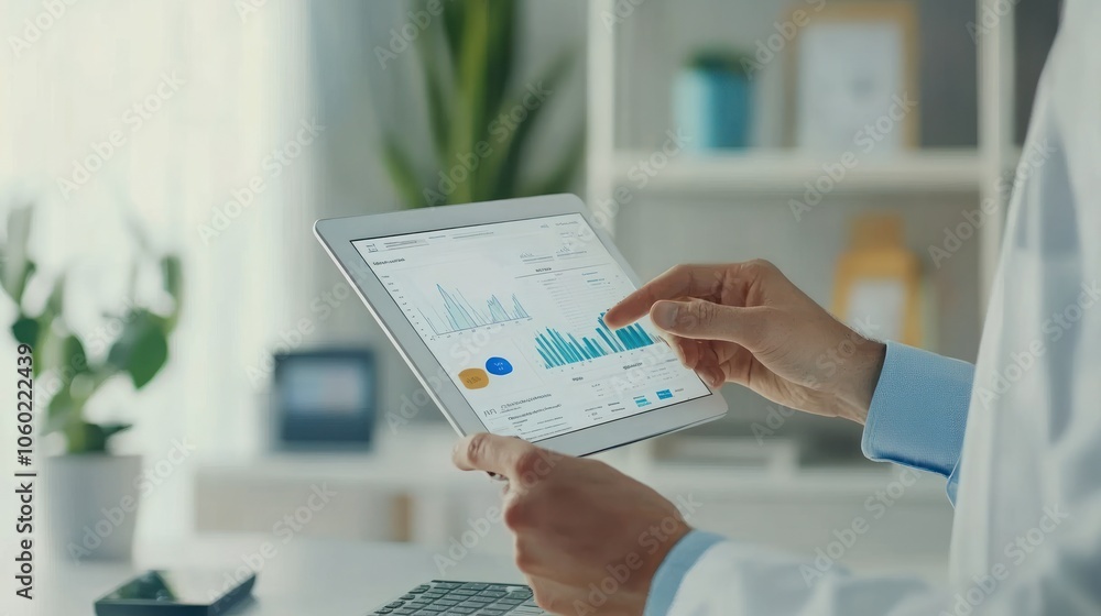 Poster a person in a lab coat analyzing data on a tablet in a modern workspace.