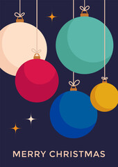 Christmas greeting cards with christmas tree decoration on dark background. Retro poster, postcard for winter holidays. Christmas ornament, vector illustration