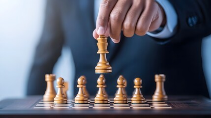 Business leader strategically moves chess piece to secure victory in competitive game