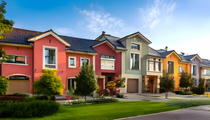 Colorful stucco finish traditional private townhouses. Residential architecture exterior