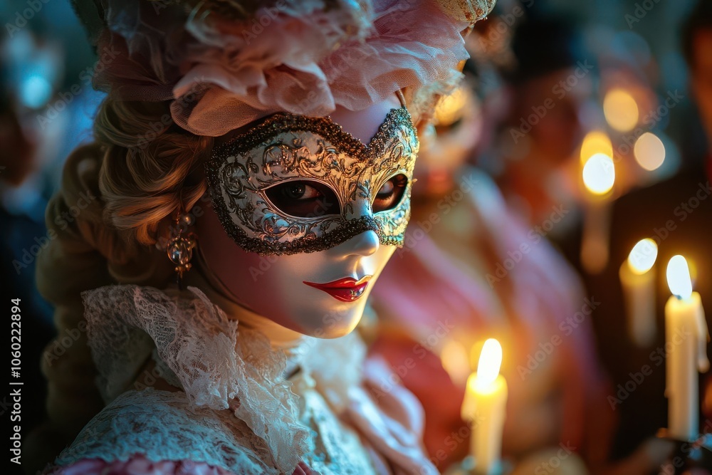 Poster a masked figure in ornate attire holds a candle, surrounded by softly lit reflections, creating an e