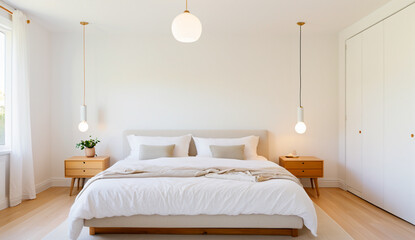 A minimalist Scandinavian bedroom with a white bed frame, white bedding and a small nightstand with a lamp