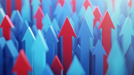Business growth concept of Red Arrows pointing upward,uniqueness thinking,3d rendering,pointing upward,arrow up with different way, arrow stat financial graph,teamwork and courage concept.