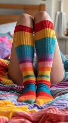 A close up view of a pair of brightly colored and striped wooly socks resting comfortably on a soft plush blanket or throw in a cozy domestic home setting