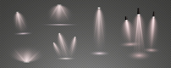 The vector set of light includes a light source, studio lighting, walls, and a PNG. It also includes spotlight lighting and a spotlight PNG. Finally, it includes light beams and a light effect.