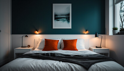 A minimalist Scandinavian bedroom with a white bed frame, white bedding and a small nightstand with a lamp, soft light