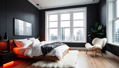 A cozy Scandinavian bedroom with a wooden bed, sheepskin rug and a large window that lets in natural light.