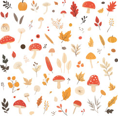 Autumn decoration set. Leaves, plants, berried and mushrooms