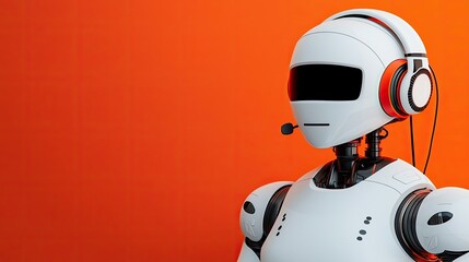 Obraz premium A modern robot with headphones on a vibrant orange background, showcasing advances in AI and technology.