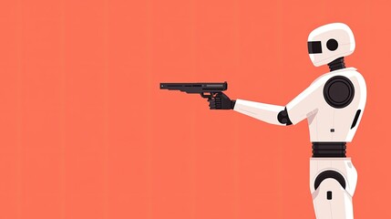 Fototapeta premium A minimalist illustration of a robot holding a gun against a solid orange background, evoking themes of technology and confrontation.