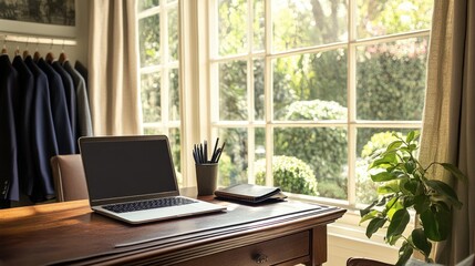 Fototapeta premium Comfortable home office setup with a laptop on the desk, overlooking a bright, green garden through large windows
