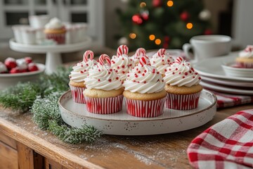 festive holiday baking, festive christmas cupcakes with candy cane details on a vintage kitchen table, complemented by plaid decorations and winter greens for holiday cheer