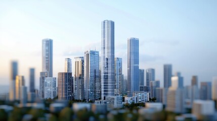 Obraz premium A futuristic city skyline featuring tall skyscrapers and modern architecture, set against a soft blue sky.