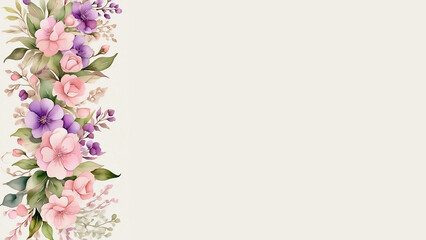 Fototapeta premium Background for presentation or web page design. On the left is a decorative ribbon in the form of a vertical garland of pink and purple flowers painted in watercolor paint. Сreated AI. Space for text.