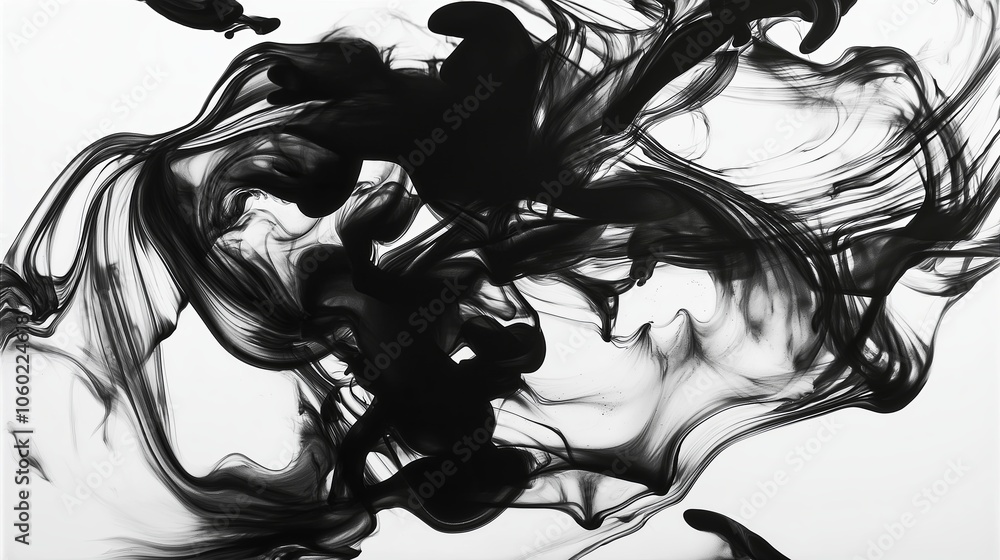 Poster Ink swirling and mixing in water, creating dynamic patterns in dark and light hues.