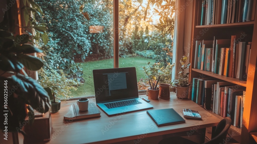 Poster peaceful home office space with view of garden from the window, showing a neat desk with essentials 